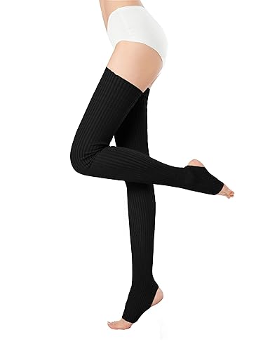 v28 Women Girls Thigh High Neon Ribbed Long 80s 90s Party Skating Leg Warmers - One Size - Hole86 -Black