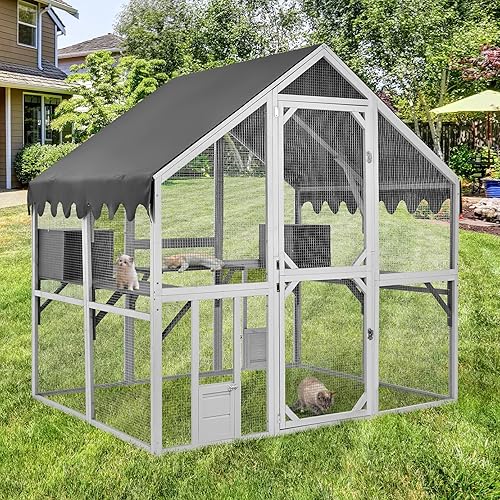 MIRAFIT Catio Outdoor Cat Enclosure House Large for Multiple Cats, Wooden Cat Condo Cage for Outside with Waterproof Roof, Playpen, Resting Box, Platform, Bridges, Doors, 74”x57”x74”, Gray - 74”x57”x74”