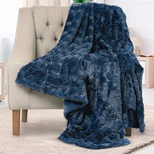 Everlasting Comfort Faux Fur Throw Blanket - Soft, Fluffy, Fuzzy, Plush, Thick, Minky Throws - Navy Blue - Standard Throw (50"x65")
