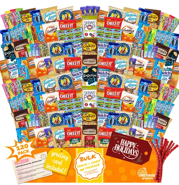 Christmas Holiday Stocking Stuffers Care Package (120 Count) Variety Snacks Gift Box - College Students, Military, Work or Home - Chips Cookies & Candy! Sweet Choice