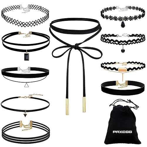 PAXCOO 10 Pcs Choker Necklace for Women Girls Black Classic Velvet Stretch Gothic Tattoo Lace