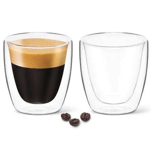 DLux Espresso Coffee Cups 80ml, Double Wall, Clear Glass Set of 2 3oz Glasses, Insulated Borosilicate Glassware Tea Cup Mug