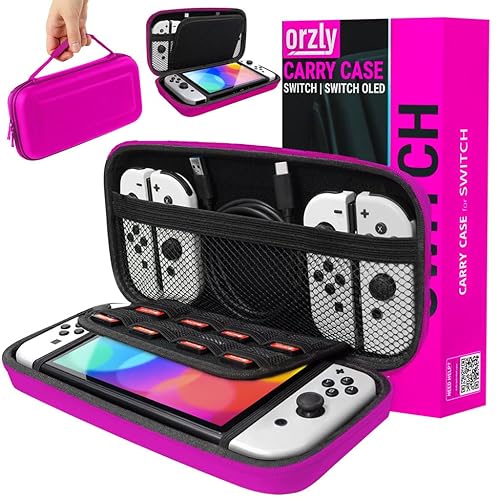 Orzly Carry Case Compatible with Nintendo Switch and New Switch OLED Console -Protective Hard Portable Travel Carry Case Shell Pouch with Pockets for Accessories and Games - PINK
