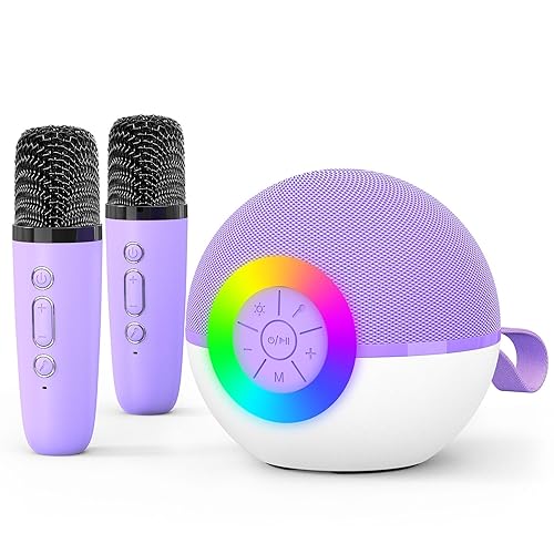 goopow Mini Karaoke Machine Speaker for Kids Adults, Portable Bluetooth Microphone Song Toys with LED Light, Best Chritmas Birthday Festival Gift for 3 4 5 6 7 8+ Year Old Girls Boys (Purple-2MIC) - Purple-2MIC