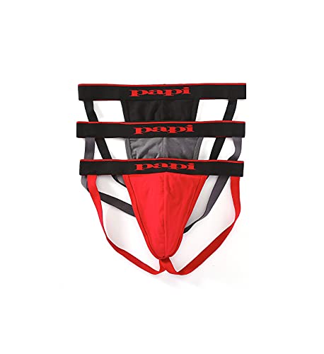 Papi Men's Cotton Stretch Jock Strap 3-Pack of Underwear - Medium - Red/Grey/Black