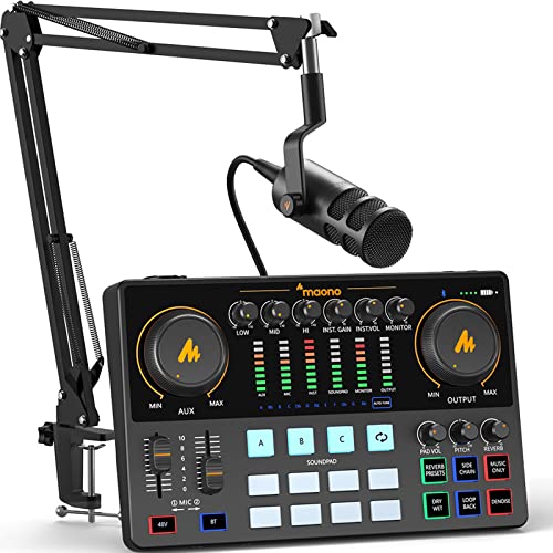 MAONO Podcast Equipment Bundle 10 Channel Audio Interface and XLR Dynamic Microphone MaonoCaster with Pro-preamp, 48V, Bluetooth for Podcast, Streaming, TikTok, Youtube, PC, Smartphone (AME2C Pro) - Black