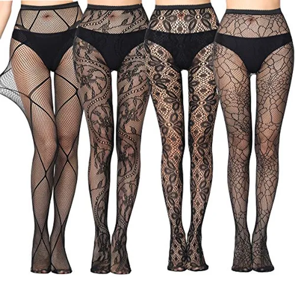 4 Pack Womens Seamless Floral Fishnet Tights Stockings Suspender Pantyhose Stretchy black