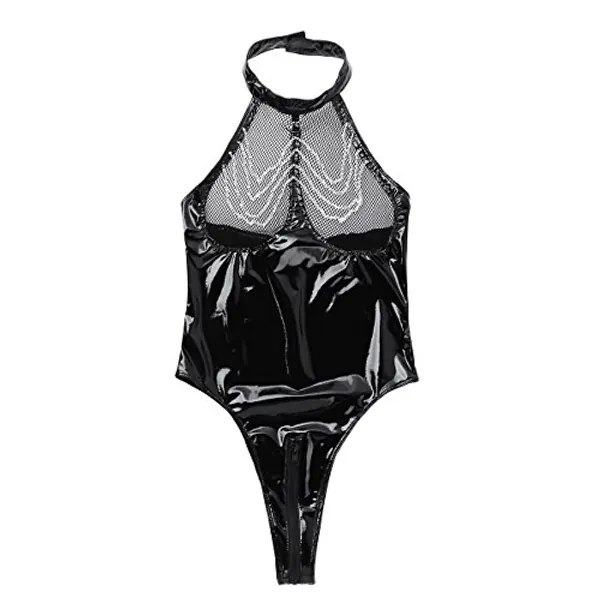 inhzoy Women One Piece Wet Look PVC Leather Halter Fishnet Bust Zipper Crotch Leotard Bodysuit Teddy Lingerie