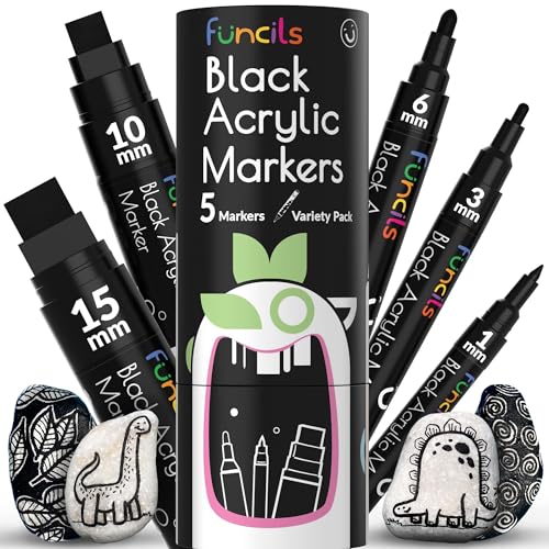 Funcils 5 Acrylic Black Paint Pen - Fine Tip, Thin Point & Jumbo Pens (1mm, 3mm, 6mm, 10mm, 15mm) - Black Paint Marker for Plastic, Canvas, Wood, Rock Painting, Fabric, Tire, Metal, Glass - Black