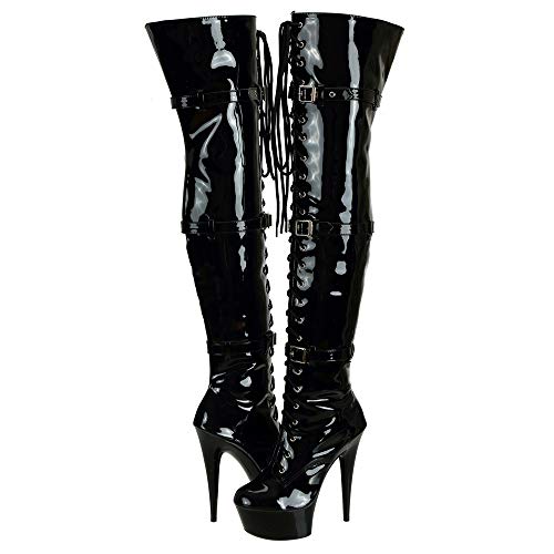 Women's Patent Leather Lace Up Side Zip Platform Over The Knee Thigh High Heel Boots - 7 UK - Black