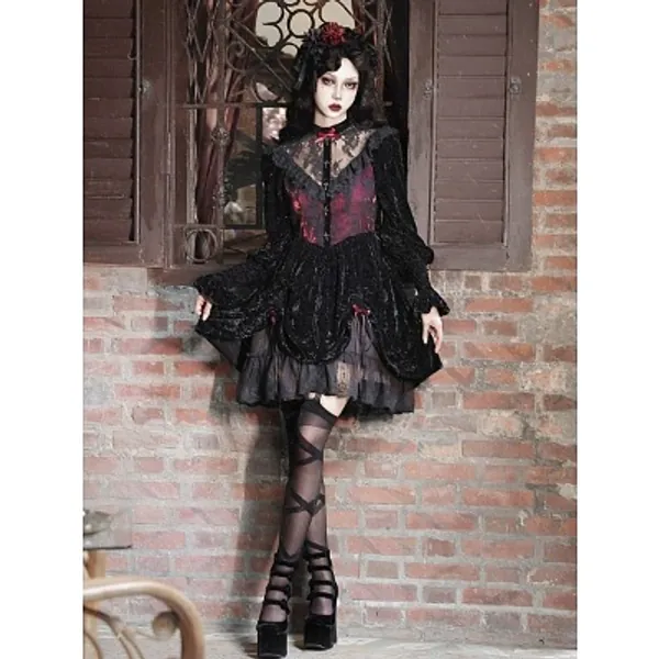Rose Cemetery Lace Patches Bodice Drawstring Hem Dress
