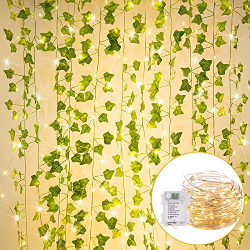 36 Ft. String Lights with Vines Battery Operated 12 Pcs 7 Ft. Artificial Ivy Vine 110 LED Vine Lights 8 Modes Ivy Lights for Bedroom Room Wall Wedding Indoor Party Festival Decor (Warm White) - Warm White - Battery - 110 LED (Pack of 1)