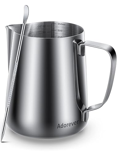 Milk Frothing Pitcher 350ml/600ml/900ml/1500ml (12oz/20oz/32oz/50oz) Steaming Pitchers Stainless Steel Milk/Coffee/Cappuccino/Latte Art Barista Steam Pitchers Milk Jug Cup with Art Pen,12oz - A Silver - 12 Ounces