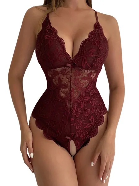 SOLY HUX Women's Floral Lace Scalloped Trim Criss Cross Back Lingerie Teddy Bodysuit