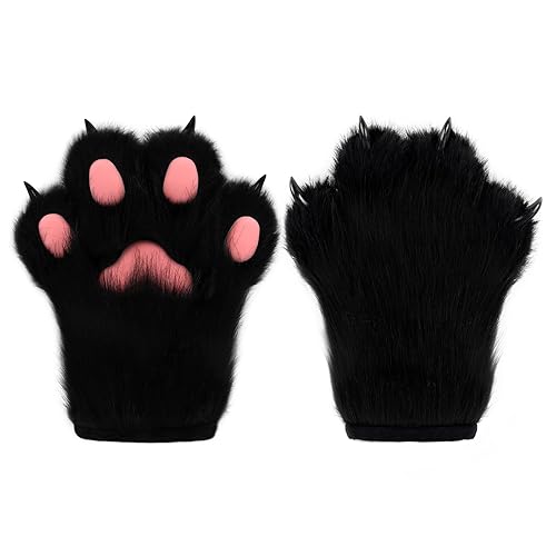 hbbhml Faux Fur Plush Furry Cat Claw Gloves Fursuit Animal Fox Paws Mittens Halloween Cosplay Costume Accessories for Adult - Black