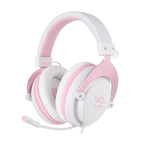 USOTSO MPOWER Stereo Gaming Headset for PS4, PC, Mobile, Noise Cancelling Over Ear Headphones with Retractable Flexible Mic & Soft Memory Earmuffs for Laptop Mac Games-Angel Edition - Pink