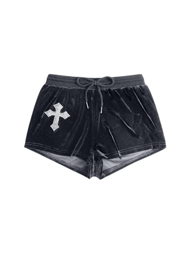 SOLY HUX Women's Y2k Rhinestone Velvet Shorts Drawstring Elastic Waist Track Shorts - Medium - Dark Grey Geometric