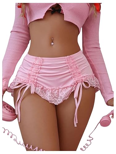 OYOANGLE Women's Ruffle Lace Trim Bow Panties Mid Rise Flared Hem Ruched Briefs Cute Underwear - Medium - Pink