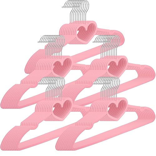 50 Pieces Heart Hangers Cute Hangers with 360 Degree Swivel Hook Heavy Duty Clothes Hanger Adult Coat Hangers for Jackets, Pants, Shirts, Suit, Dress Room Closet Decor (Pink, Velvet) - Pink - Velvet