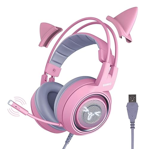SOMIC G951pink Gaming Headset for PC, PS4, PS5, Laptop, Cat Ear Headphone USB Gaming Headphones with Mic Noise Cancelling, LED Light, 7.1 Virtual Surround Sound for Girls, Women - Pink