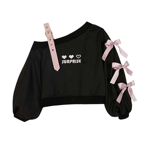 Off Shoulder Sweatshirts Teen Girls Lolita Kawaii Embroidered Heart Graphic Lace Up Crop Top Casual Pullover… - Large - White