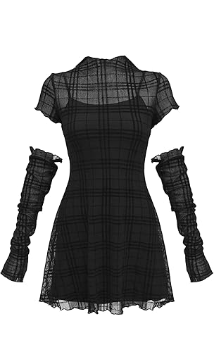 MEOWCOS Women’s Gothic Punk High Collar Short Dress with Long Arm Covers - Large - Black