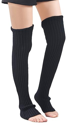 Leotruny Women's Winter Over Knee High Footless Socks Knit Leg Warmers - One Size - Black