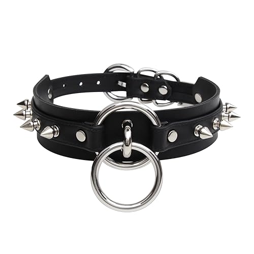 Lookook Fashion O-Ring Faux Leather Choker Necklaces Collar For Womens - Black Silver Spiked