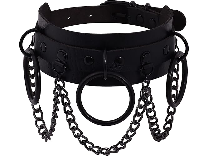 Sacina Goth Punk Black Chain Choker Necklace, Red Choker, PU Leather Choker Collar, Goth Choker, Costume Jewerly - Black