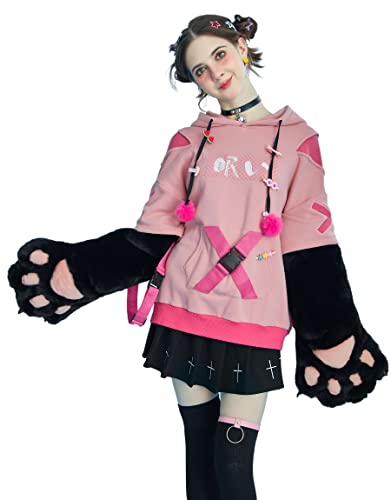 Micotaku Womens Pullover Hoodie with Detachable Bag Design Furry Cat Paw Gloves - Large