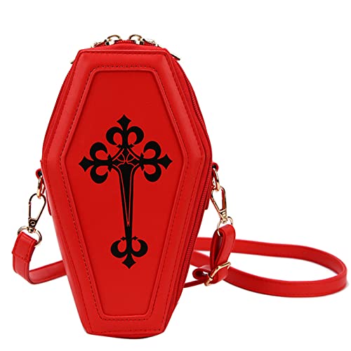 Fozehlad Coffin Shape Shoulder Purse Gothic PU Leather Crossbody Bag Halloween Cell Phone Purse for Girls - Red