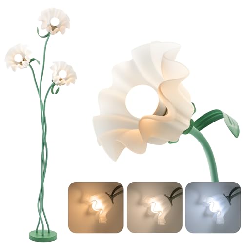 WERFOP Vintage 3 Heads Flower Floor Lamp for Bedroom,‎ 3 Color Modes Lily of The Valley LED Standing Lamps with E26 Bulb Flexible Neck Shaft Tall Lamp for Living Room Office Reading