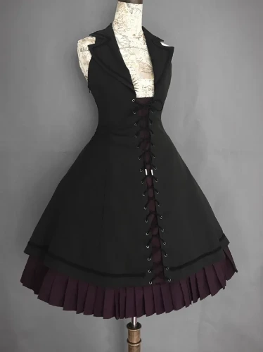 [$125.00]Plus Size Friendly-Black Blazer Collar Halter Gothic Jumper Skirt