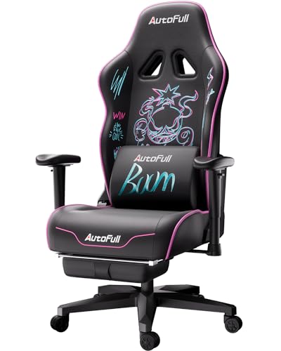AutoFull C3 Gaming Chair Ergonomics Office Chair with Widen Cushion Wear-Resistant Leather PC Chair with Footrest and Lumbar Support Pillow（Graffti） - Graffti