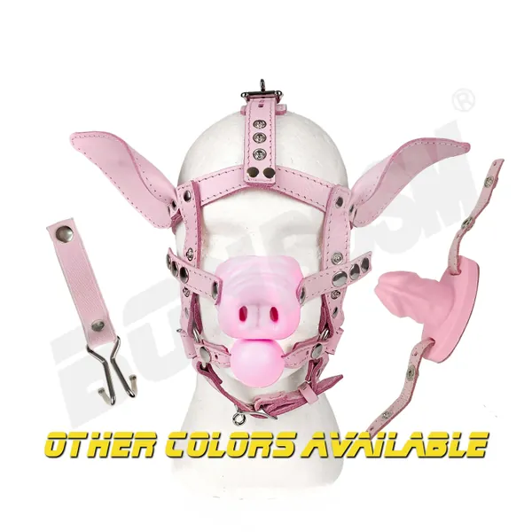 Pig Head Harness Mask - Genuine Leather with Optional Nose Hook, Silicone Snout, and Ball Gag for Piglet Petplay and BDSM Roleplay