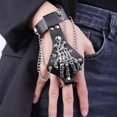 YERTTER Punk Grunge Gothic Black Pu Leather Skull Skeleton Hand Chain Bracelet Rock Leather Bracelets Bangle with Finger Ring Halloween Cos Skeleton Gloves Wristband Accessory