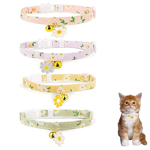 4 Pack Cotton Breakaway Cat Collar with Bell,Safety Adjustable Cat Collars Set with Flower Pendant,Ideal for Girl Cats Boy Cats - Daisy