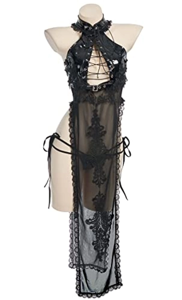 MEOWCOS Women's Sexy Lingerie Set Translucent Cheongsam Dress with Thong and Stockings Gloves