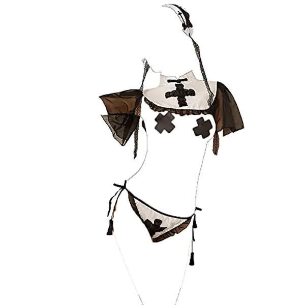 SINMIUANIME Women Lingerie uniform ladies Lingerie cross collar sexy tassel black and white nun cosplay Lingerie suit