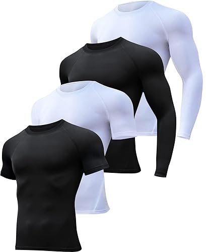 HOPLYNN 4/5 Pack Workout Compression Shirts Men Long/Short Sleeve Rash Guard Athletic Undershirt Gear T Shirt for Sports - Medium - 2 Black 2 White