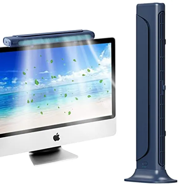 DauMeiQH Monitor Screen Fan, Bladeless Office Desk Tower Standing Fan Bar for Bedroom, Table Desktop Cooling Fan with 4000mAh Battery, USB-C Charging Cable, 12 inch Wind Direction Adjustable - Blue