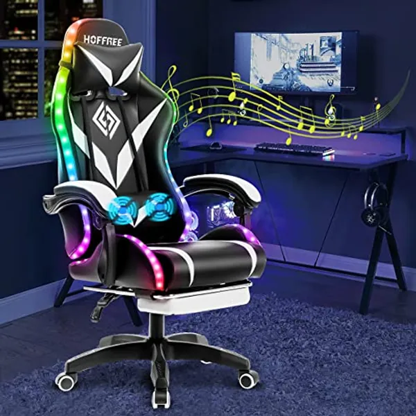 HOFFREE Gaming Chair Massage with Bluetooth Speakers and Led Lights Ergonomic Computer Gaming Chair with Footrest RGB Video Game Chair with High Back Lumbar Support White and Black