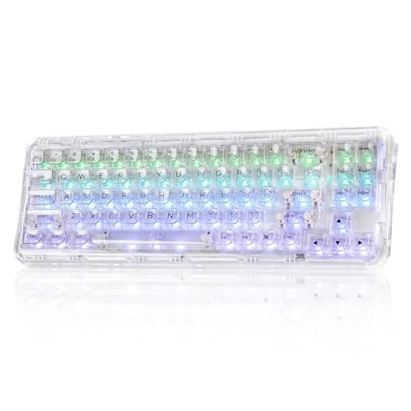 YUNZII X71 Transparent Mechanical Keyboard with Clear Keycaps, BT5.0/2.4G/USB-C Wired Gaming Keyboard 68% Layout 71 Keys,Gasket Mount Wireless RGB Keyboard for Win/Mac(Crystal Ice Switch,White)