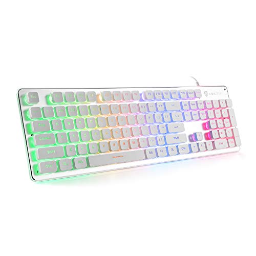 LANGTU Membrane Gaming Keyboard, Rainbow LED Backlit Quiet Keyboard for Office, USB Wired All-Metal Panel 25 Keys Anti-ghosting Computer Keyboard 104 Keys - L1 White/Silver - White