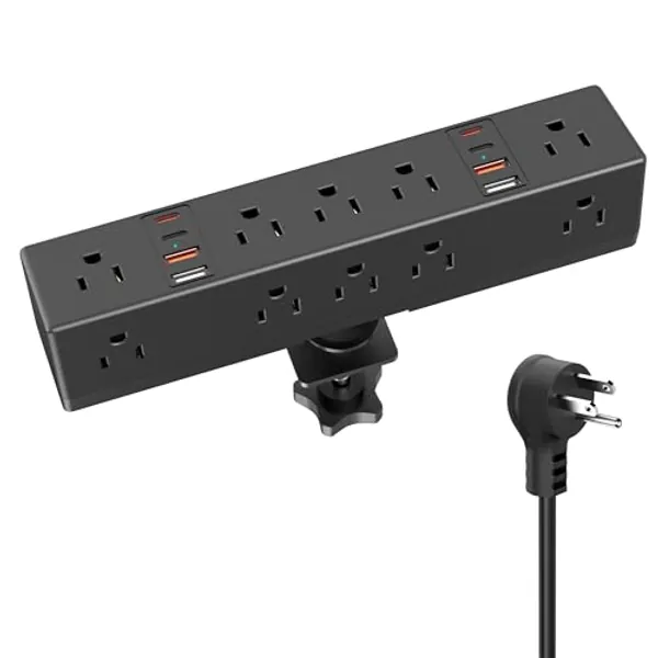 Desk Clamp Power Strip, 60W Fast Charging Station, VILONG Desktop Mount 1200J Surge Protector, 8 USB Ports(4 USB-C), 10 AC Outlets and 6Ft Cord, for Home, Office, Fit 1.6" Tabletop Edge