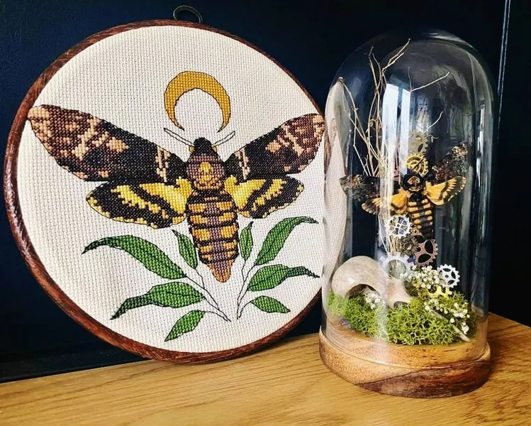 Deaths Head Hawkmoth & Moon - Gothic Cross Stitch Pattern - Instant Download PDF - Witch, Halloween, Occult, Silence of The Lambs, Taxidermy