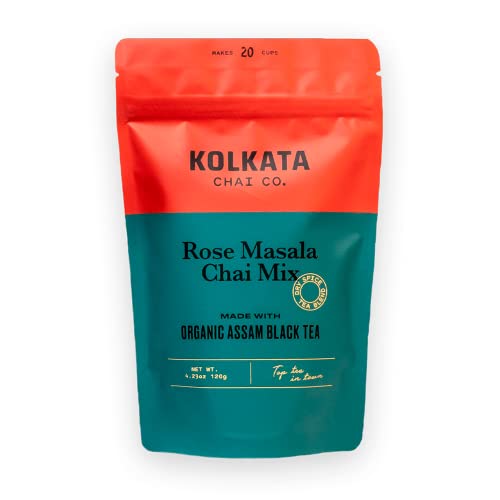 Kolkata Chai Rose Masala Chai mix, 100% Organic Black Tea, Makes 20 cups, Premium loose leaf tea and spice blend, All Natural, 4.23 oz - Rose Masala