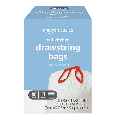 Amazon Basics Tall Kitchen Drawstring Trash Bags, Clean Fresh Scent, 13 Gallon, 80 Count (Previously Solimo) - Clean Fresh - 80 Count (Pack of 1)