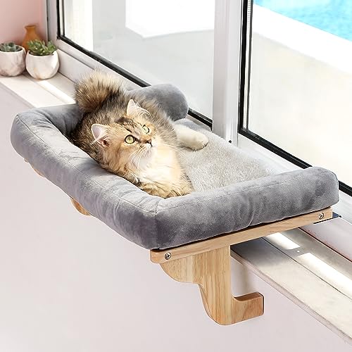 Zakkart Cat Perch for Window Sill with Bolster - Orthopedic Hammock Design with Premium Hardwood & Robust Metal Frame - Cat Window Seat for Large Cats and Kittens - Nartural Color Wood with Gray Bed - Nartural Color Wood w/ Gray Bed