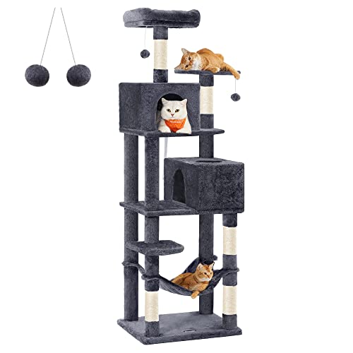 Feandrea Cat Tree, 75.2-Inch Cat Tower for Indoor Cats, Plush Multi-Level Cat Condo with 5 Scratching Posts, 2 Perches, 2 Caves, Hammock, 2 Pompoms, Smoky Gray UPCT191G01 - XXL (23.6 x 19.3 x 75.2 Inches) - Smoky Gray